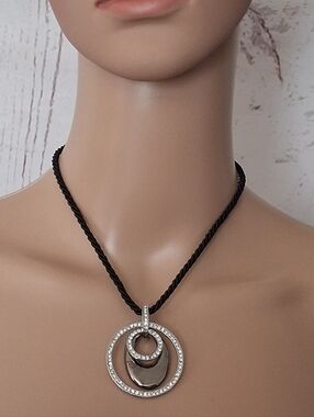Lia Sophia Silver-Tone Crystal Double Circle Pendant on Black Cord